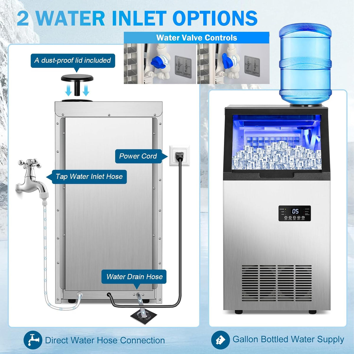 Commercial Ice Maker Machine 155Lbs/24H, 15" Wide Under Counter/Freestanding Ice Machine, 45 Ice Cubes in 4-15 Mins, 35Lbs Ice Storage, 2 Water Supply Modes, Built-in Ice Maker for Home, Bar, Outdoor
