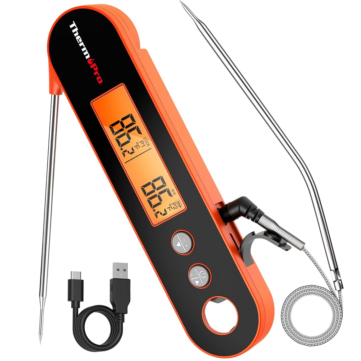 ThermoPro 2 Probes Meat Thermometer with Alarm, Rechargeable Instant Read Food Thermometer, Rotating LCD Screen, Waterproof Cooking Thermometer for Grilling, Smoker, BBQ, Oven