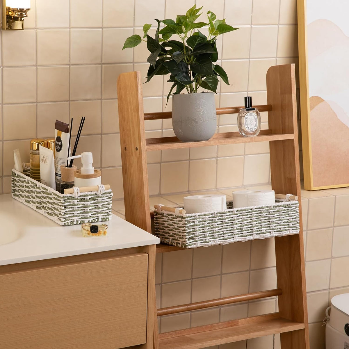 OIAHOMY Toilet Paper Baskets Handmade Paper Rope Decorative Wicker Storage Tank Shelf Cabinet Organizer for Bathroom Home, Set of 2, Green & White