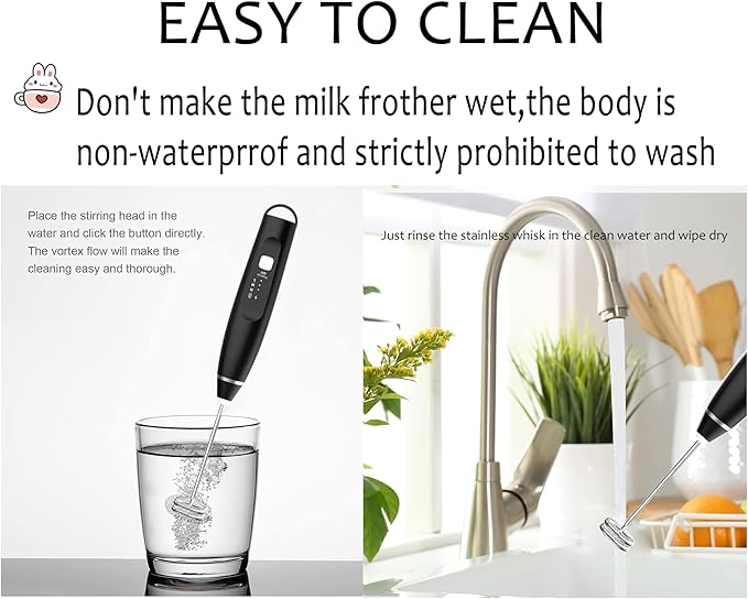 Milk Frother Handheld Foam Maker with 2 Stainless Stirring Head 3 Speed Rechargeable Electric Blender Milk Frother Wand Drink Mixer for Cappuccino Matcha Latte Hot Chocolate Protein Powder Egg (Black)