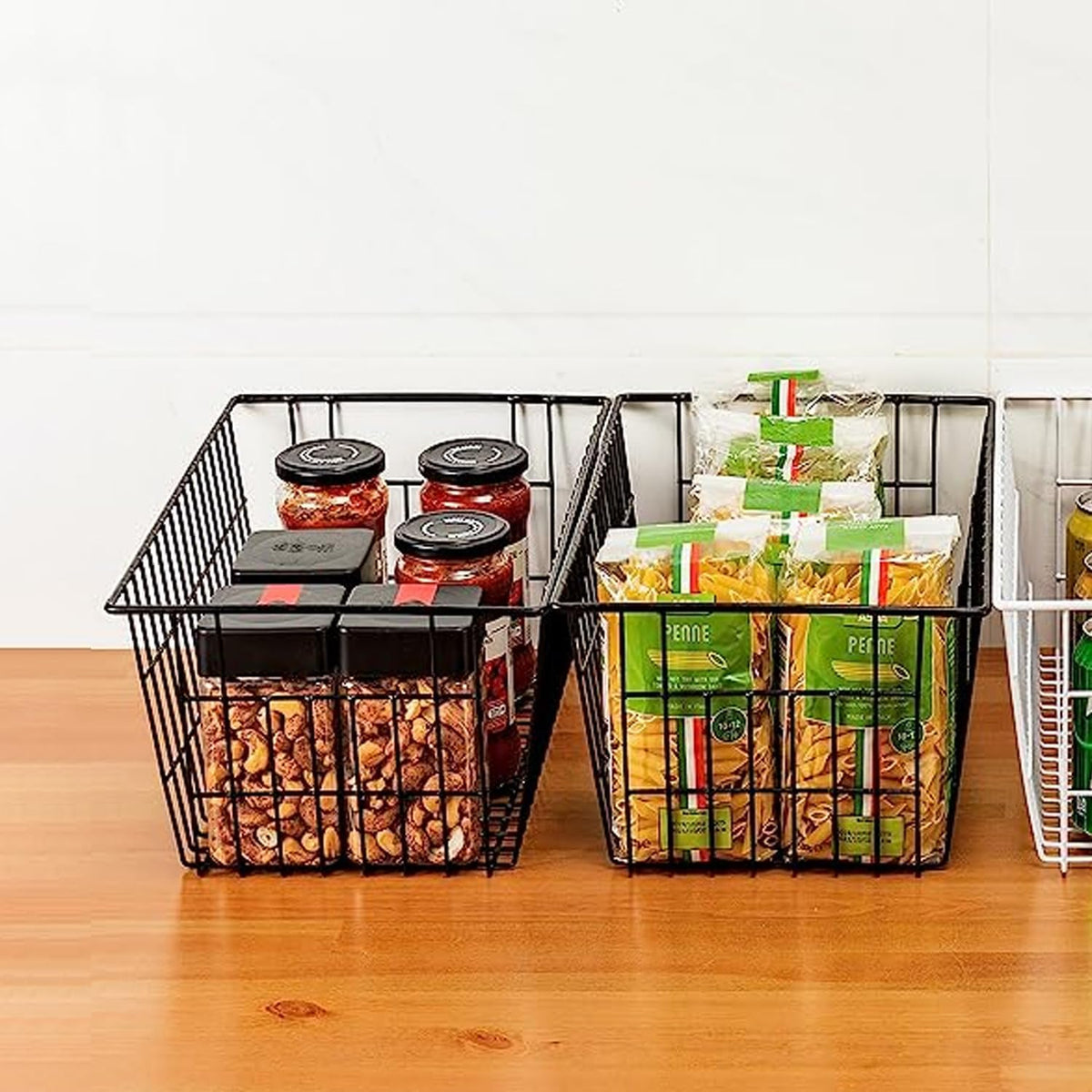 Redrubbit Wire Storage Baskets, Large Farmhouse Metal Freezer Basket Storage Organizer Bins with Handles for Kitchen Cabinets, Pantry, Closets, Bedrooms, Bathrooms, Set of 2, Black