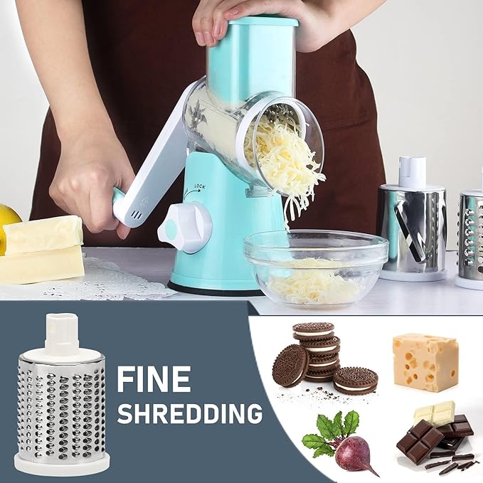 KEOUKE Rotary Cheese Grater Hand Crank Light Blue - Shredder Slicer Grinder 3 Stainless Steel Blades, Stable Suction, Labor-Saving Handle, Safe Kitchen Tool for Cheese, Vegetable, Nuts, Chocolate