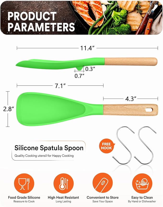 Cooking Spoon for Nonstick Cookwares, Great for Cooking and Serving Sturdy BPA-Free Matte Silicone, Wood Handle Spoon for Mixing, Scoop, and Scrape (AGR, 11.4 inch)