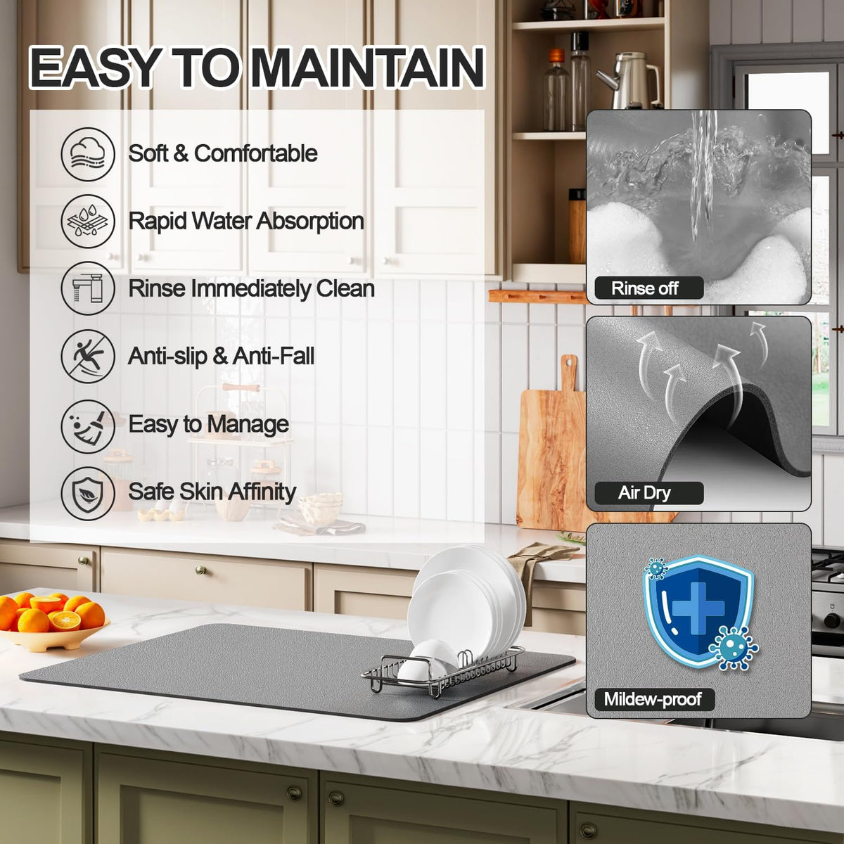Dish Drying Mat for Kitchen Counter | Coffee Bar Mat for Countertops | Heat Resistant Drainer Mat with Non-slip Rubber Backed | Hide Stain Kitchen Absorbent Draining Mat | Grey 18"x28"