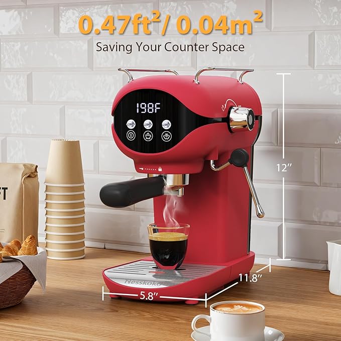 Espresso Machine with Steam Milk Frother Semi Automatic 20 Bar Compact Red with Toggle Switch for home Cafetera Espresso, Latte, Cappuccino, Americano, Macchiato