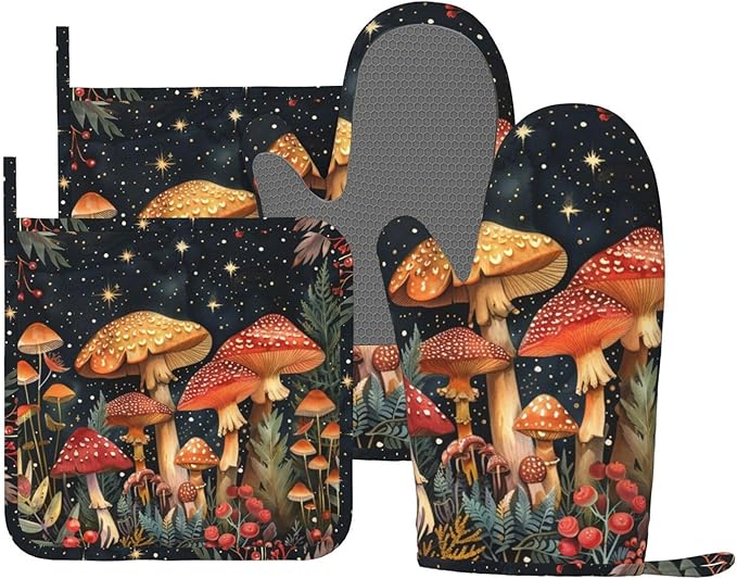 Oven Mitts and Pot Holders Mushroom Forest Vintage Silicone Kitchen Accessories Set of 4 Heat Resistant Long Gloves Potholder Non-Slip Grip for Chef Cooking Baking Grilling BBQ