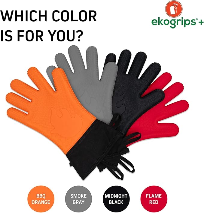 Ekogrips+ Premium Silicone Oven Mitts - Comfy, Waterproof, Heat Resistant BBQ Gloves for Grilling, Long Cuff for Added Protection, 5 Finger Dexterity, 3 Sizes, 4 Colors, S/M, Orange