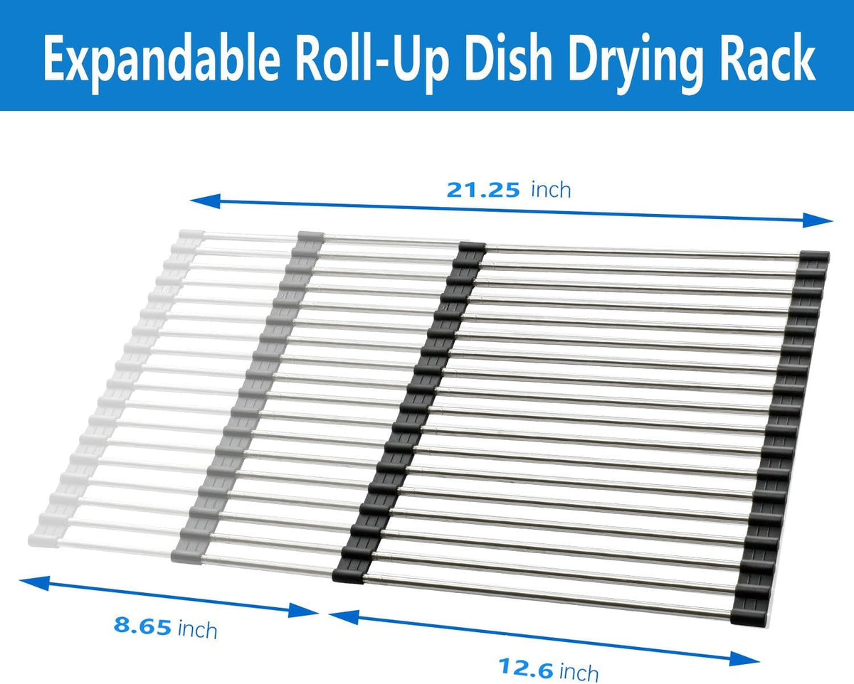 Expandable Large Draining Rack, Roll Up Heat-Resistant Dish Drainer for Stainless Steel Sinks, Collapsible Over The Sink Rack Non-Slip Silicone Rolling Up Rack 18 Tube