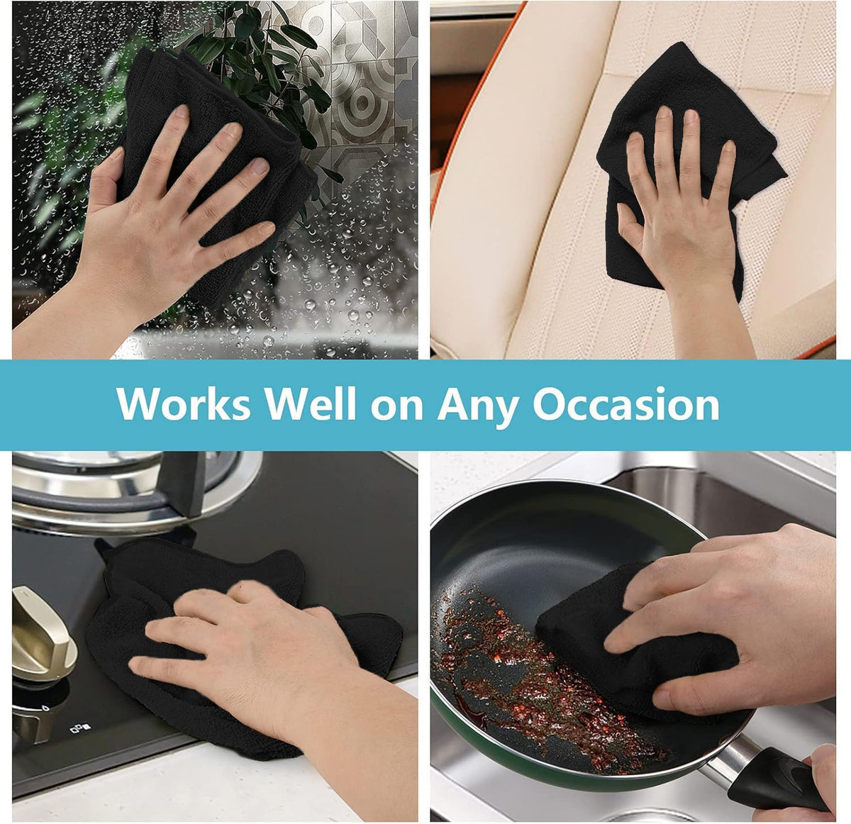 HOMEXCEL Black Microfiber Cleaning Cloth, 8 Pack Cleaning Towels for Kitchen, Lint Free, Scratch-Free, Highly Absorbent, and Reusable Cleaning Rags for House, Window and Glass, Cars, 11.5 X11.5 inch
