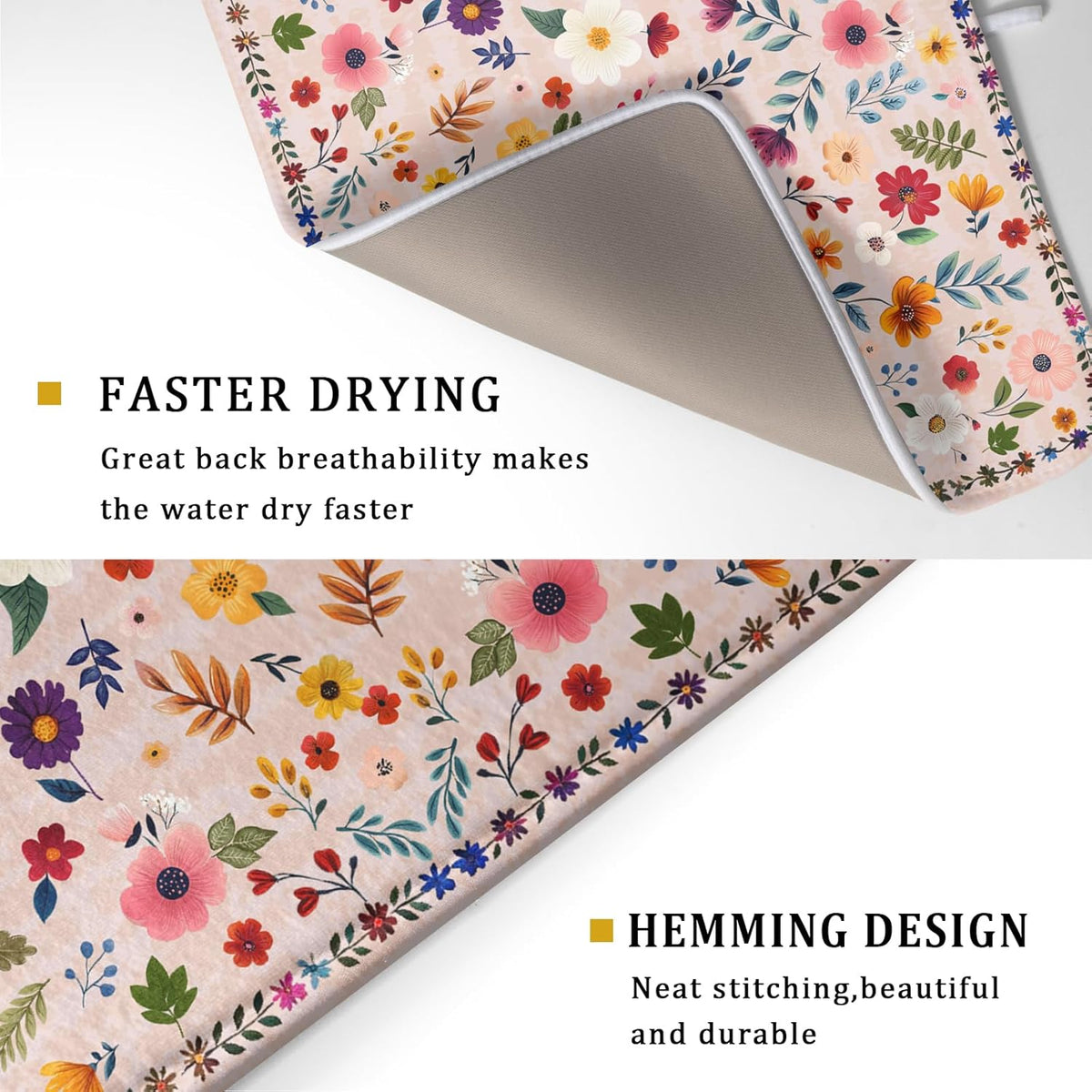 Spring Flowers Dish Drying Mat - Summer Pink Floral Washable Decorative Drying Pad for Women Home Kitchen Decor