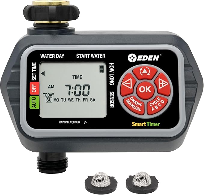 Eden 93411 1-Zone Digital Water Timer with LCD Display - Programmable Sprinkler System Manual Watering Rain Delay and Moisture Sensor Compatibility