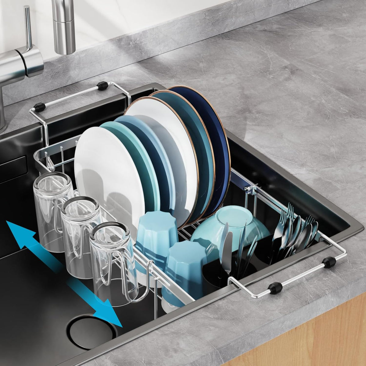 GSlife Expandable in Sink Small Dish Drying Rack - Stainless Steel Capacity Adjustable Over The Sink Dish Rack with Cup Holder and Utensil Holder, 12"~16.8" L x 10.4" W, Silver
