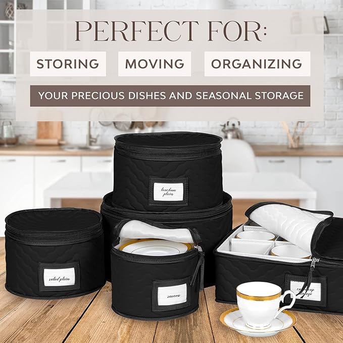 China Storage Containers 5-Piece Set Moving Boxes for Dinnerware, Glasses, Plates, Mugs and Saucers Sturdy Quilted Microfiber Dish Organizer with Dividers for Seasonal Storage - Holds Set of 12, Black