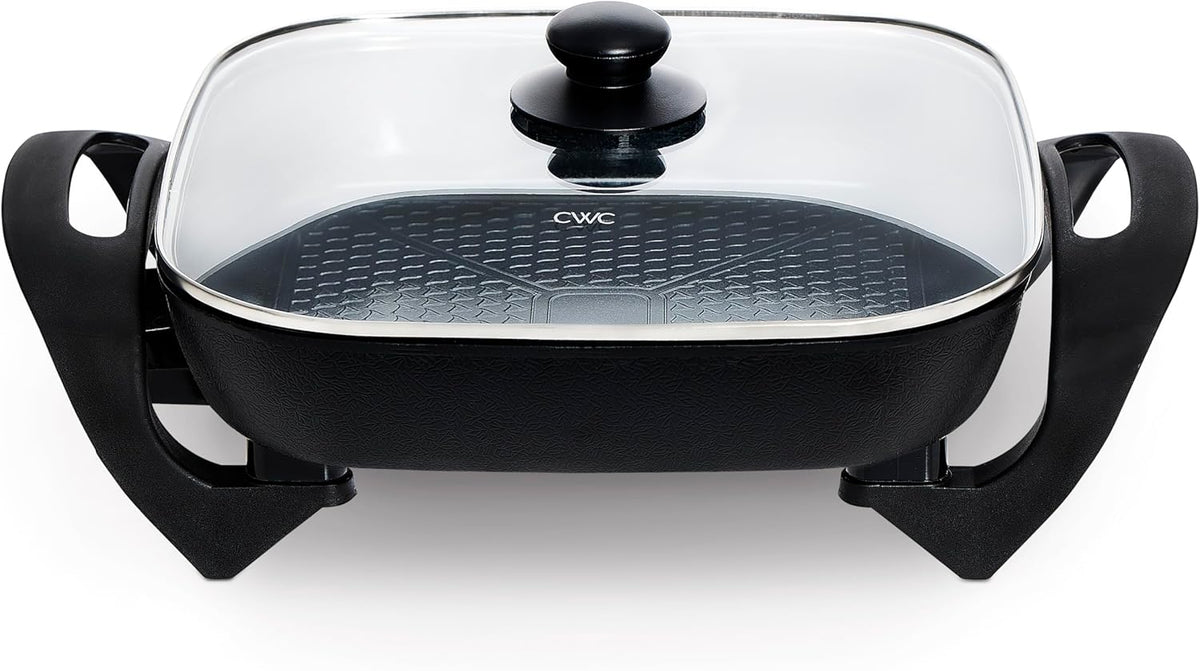 COOK WITH COLOR Electric Skillet - 12" x 12" Ceramic Nonstick Pan, PFAS-Free, 1400W, Tempered Glass Lid, Variable Temperature, Removable Heating Probe, Cool-Touch Handles, Black
