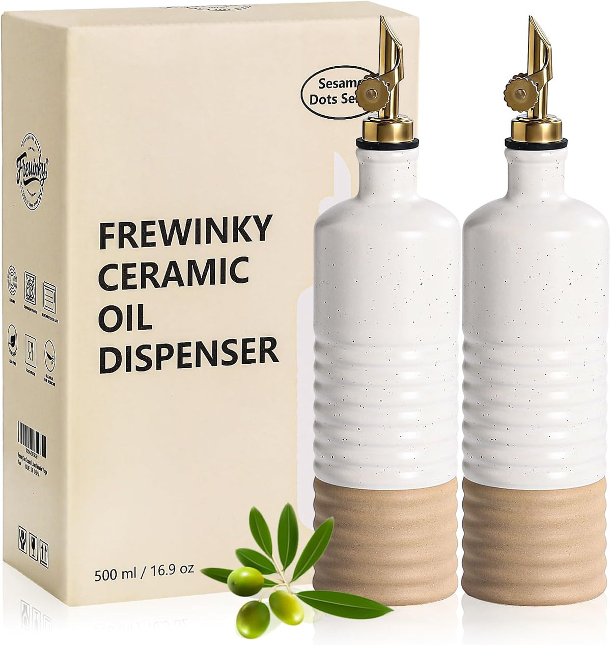 Frewinky 16.9oz Olive Oil Dispenser Bottle with Funnel, Ceramic Oil Dispenser for Kitchen, White Cooking Oil Dispenser for Storage Oil, Vinegar, Syrups & Other Liquids, Set of 2