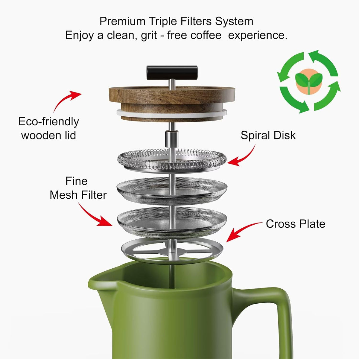 DHPO Ceramic French Press Coffee Maker, 22 Ounce Coffee Press Manual Brewer with Walnut Wood Lid, Premium Food Grade Stainless Steel Filter with Dual Screen for Coffee and Loose Tea, Gift Box, Green