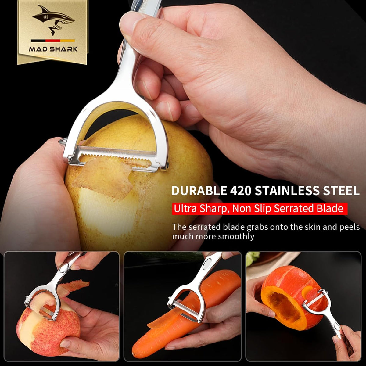 MAD SHARK Ultra Sharp Vegetable Peelers for Kitchen Fruit Apple Potato Peelers,Design with Ergonomic Non-Slip Handle, Y-Shaped Stainless Steel Serrated（Flat&Serrated Blade 2pc）