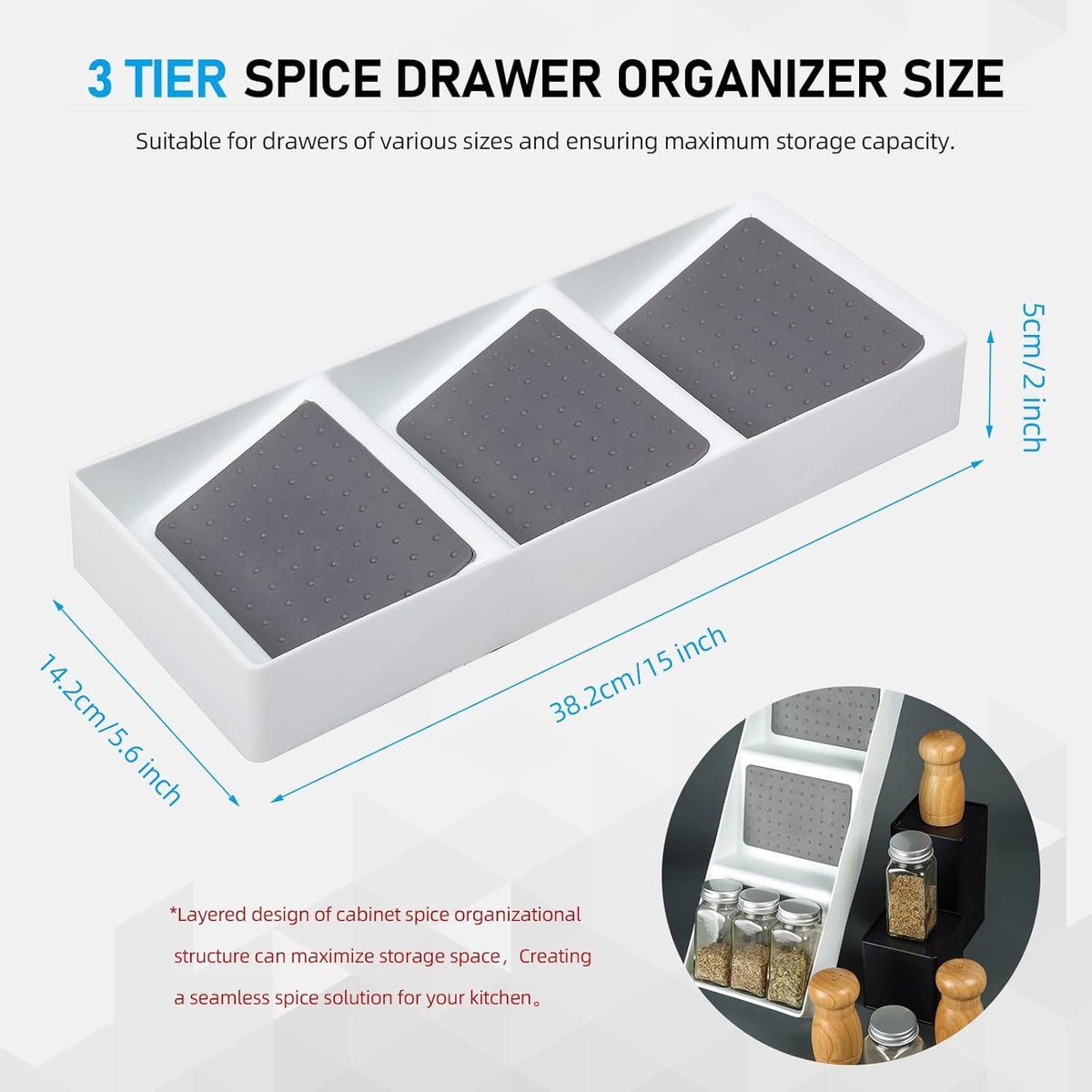 Spice Drawer Organizer, 3 Tier Non-Slip Silicone Seasoning Jars Drawer Insert, Spice Rack Organization for Kitchen Spice Rack Tray for Cabinet Countertop Makeup Storage-2 Pack