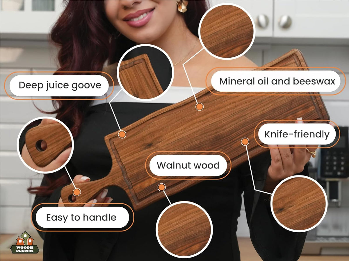 Elegant American Black Walnut Wood Long Serving Board with Handle - Charcuterie Wooden Board - Stylish Versatility for Culinary Delights - Reversible with Juice Groove - 19x6x0.8 in - Woodie Poppins
