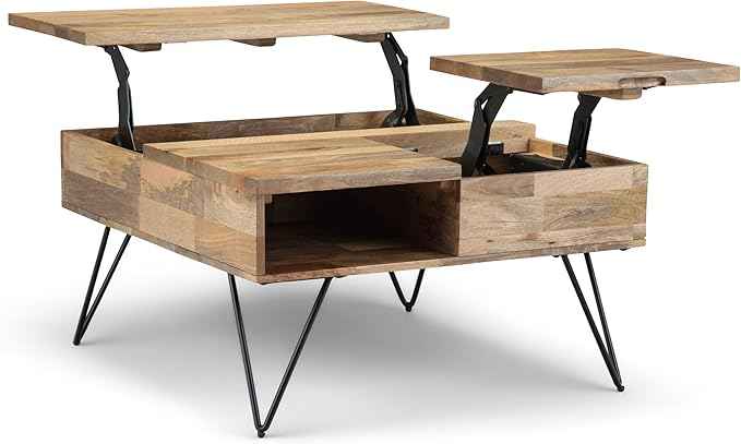 SIMPLIHOME Hunter Lift Top Coffee Table - 32 inch Wide Solid Mango Wood and Metal Industrial Square Cocktail Table in Natural, Living Room Table with Dual Lift Tops, Hidden Storage and Hairpin Legs