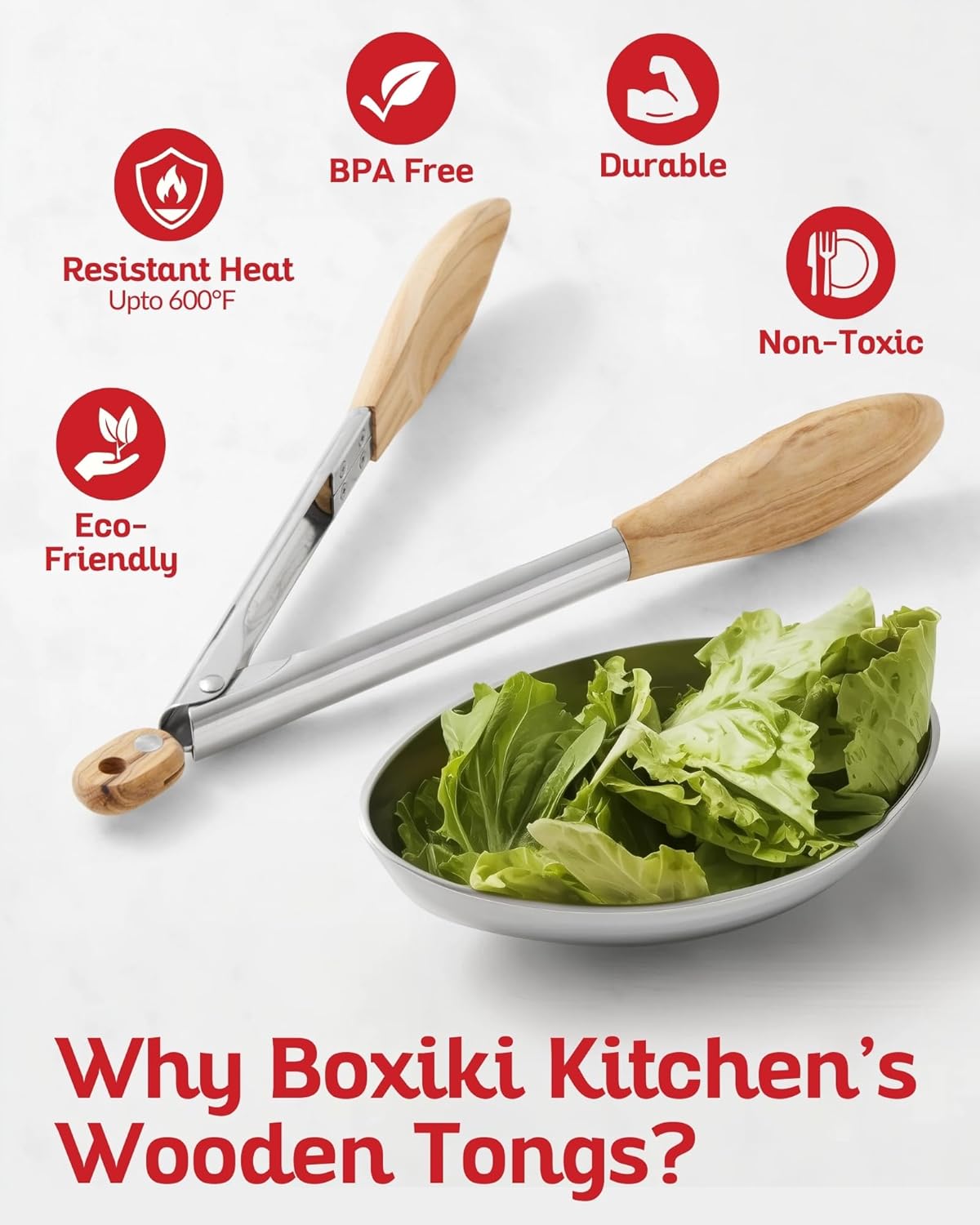 Boxiki Kitchen Tongs for Cooking with Wooden Tips - Wooden Tongs Ideal for BBQ, Salad, Toaster, Bread & Pickles - Made of Natural Olive Wood, Size 12 Inch