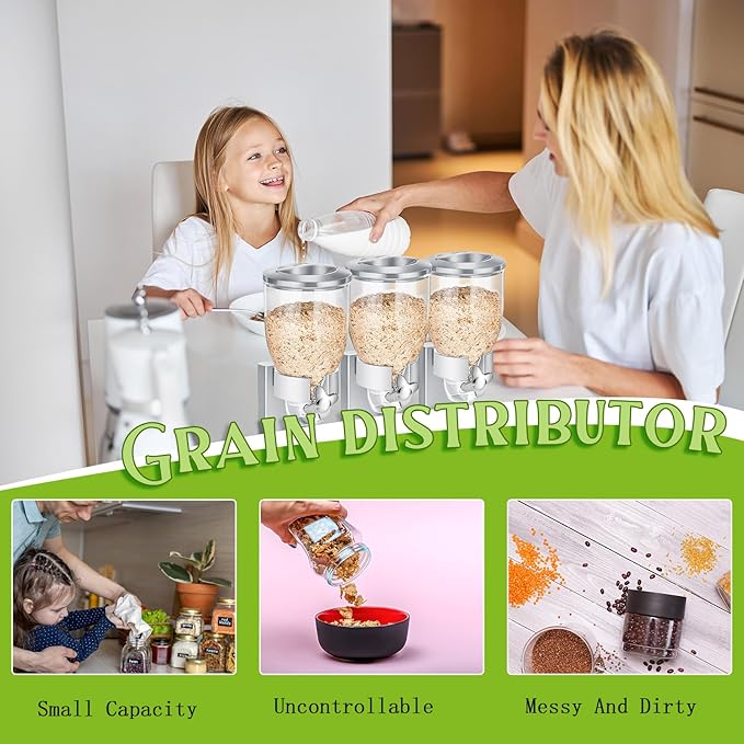 Umigy 1 Pack Triple Indispensable Dry Food Dispenser 67oz Each Capacity Cereal Container for Storage Preserving Dispensing Kitchen Rice Candy Nuts Dog Food Granola Snack Gumball Countertop (Silver)