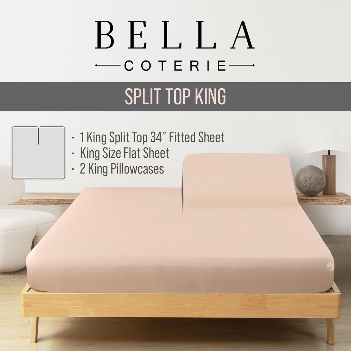 Bella Coterie Luxury Bamboo Viscose Split Top King Size Sheet Set | 100% Organically Grown | Ultra Soft | 34" Split | Cooling for Hot Sleepers | 18" Deep Pocket [Champagne]