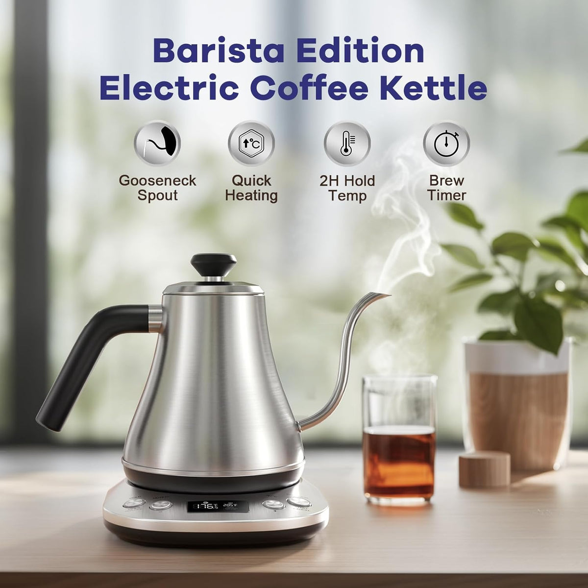 Mecity Electric Gooseneck Kettle With LCD Display Automatic Shut Off Retro Coffee Kettle Temperature Control Hot Water Boiler to Pour Over Tea, 1200 Watt Quick Heating Tea Pot, 0.8L, Stainless Steel