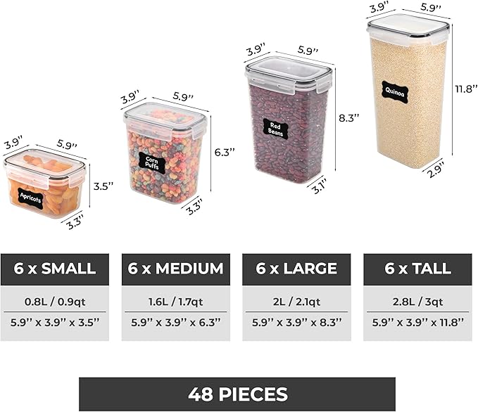Freshware Kitchen Storage Containers with Lids, 48 PCS Airtight Food Storage Containers, Plastic Kitchen Containers, Pantry Containers for Cereal, Dry Food, Includes Labels, Marker & Measuring Spoons