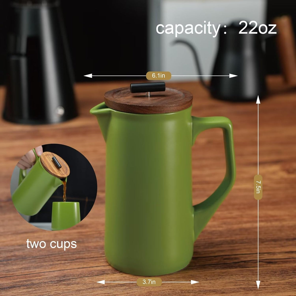 DHPO Ceramic French Press Coffee Maker, 22 Ounce Coffee Press Manual Brewer with Walnut Wood Lid, Premium Food Grade Stainless Steel Filter with Dual Screen for Coffee and Loose Tea, Gift Box, Green