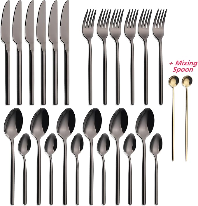 24 Piece Silverware Set For 6 Black Heavy duty 18/10 Stainless Steel Flatware Set Modern Design Knife/Fork/Spoon Mirror Polished Dishwasher Safe Cutlery Set with Gifts