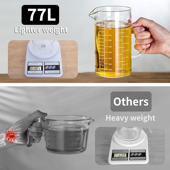 77L Glass Measuring Cup, [Insulated handle, V-Shaped Spout], High Borosilicate Glass Measuring Cup for Kitchen or Restaurant, Easy To Read, 1000 ML (1 Liter, 4 Cup)