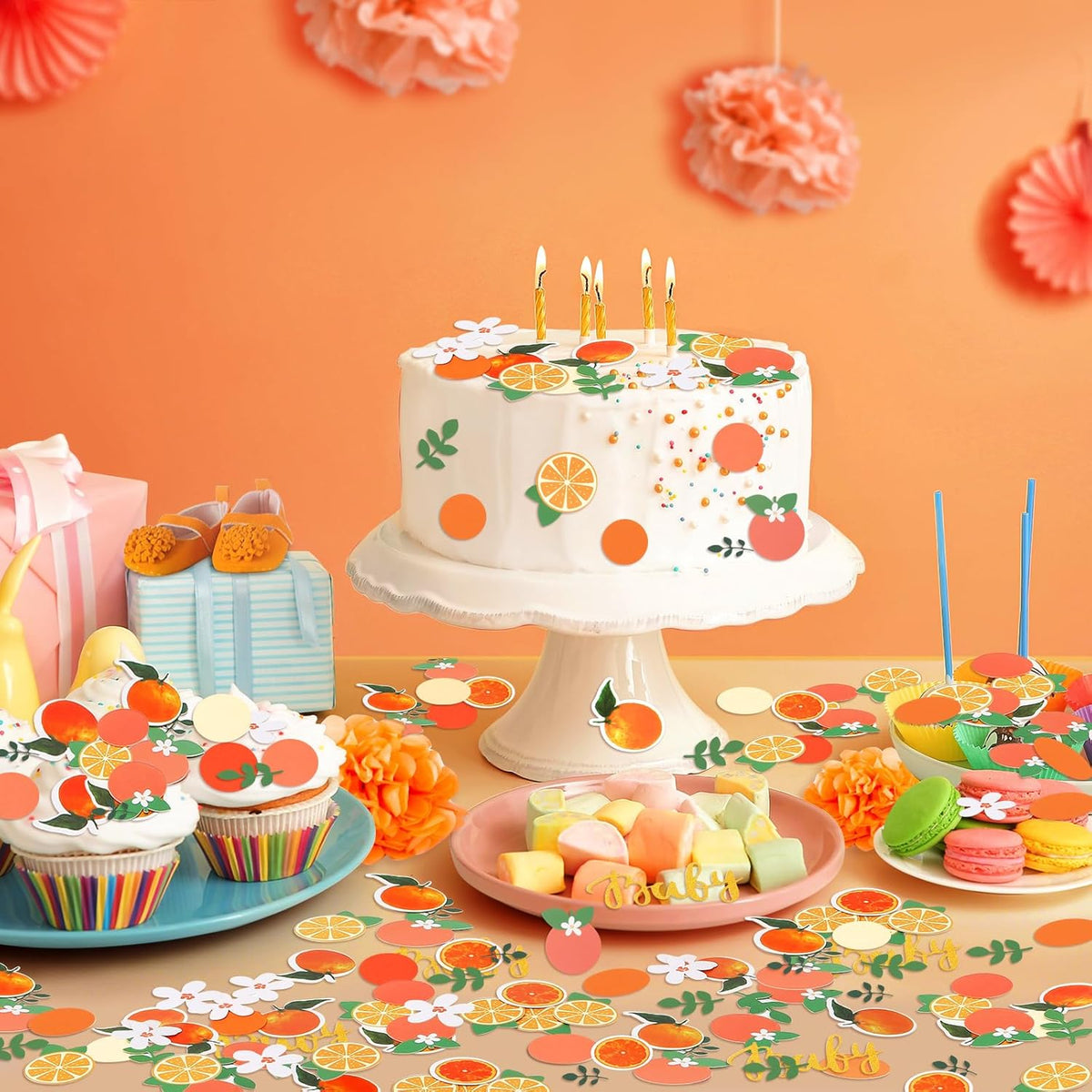 MARFOREVER 500 Pcs Little Cutie Baby Shower Confetti Citrus Decoration Orange Baby Shower Confetti Tangerine Eucalyptus Scatter for Gender Reveal Birthday Party Table Decoration Supplies
