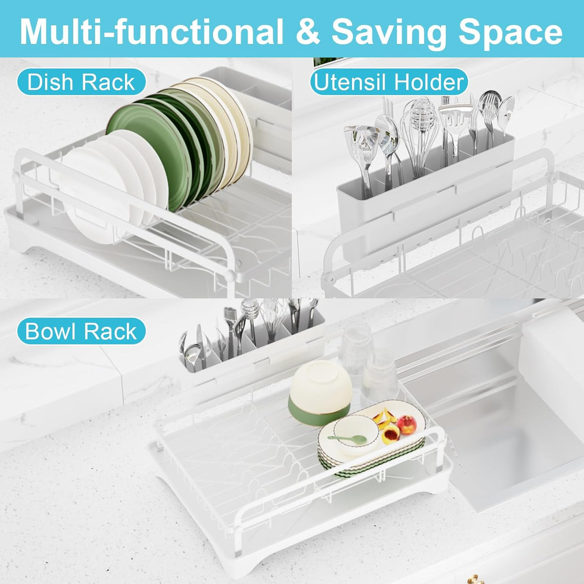 Dish Drying Rack for Kitchen Counter - Large Capacity Dish Drying Rack with Drainboard, Kitchen Sink Dish Rack, Countertop Dish Drainer Rack with Cutlery Holders Dish Dryer Rack White
