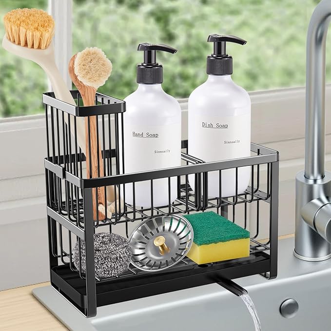 Sinnsally Kitchen Sponge Holder,2 Tier Sink Caddy Organizer with High Brush Holder,Stainless Steel Sink Box Dish Scrubber Holder,Soap Tray for Kitchen Counter Accessories & Storage Rack (Black)