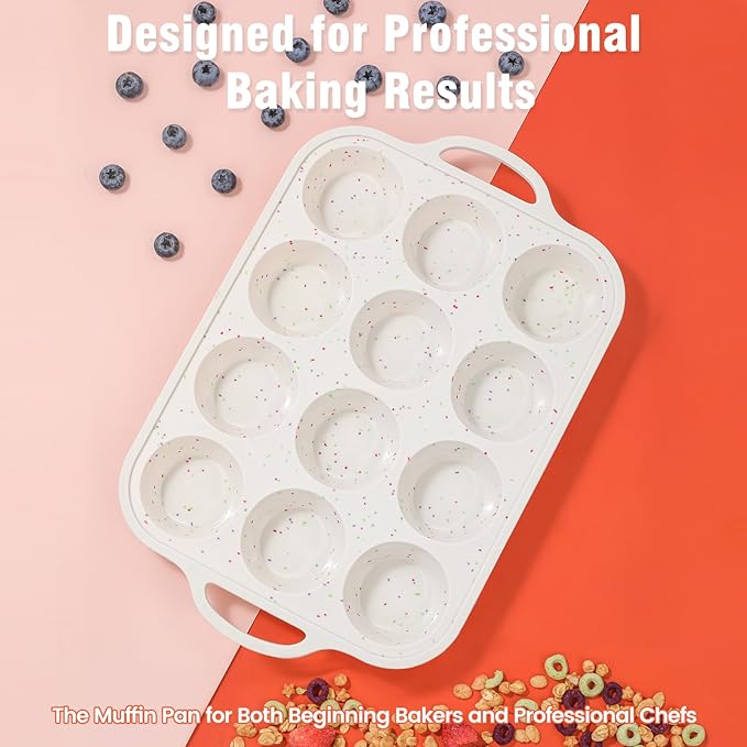 Silicone Muffin Pan with Metal Reinforced Frame - 12 Cups Muffin Pan With 24 Cups for Homemade Muffins, Cupcakes, Oven and Dishwasher Safe - Set of 2, Rainbow Dots