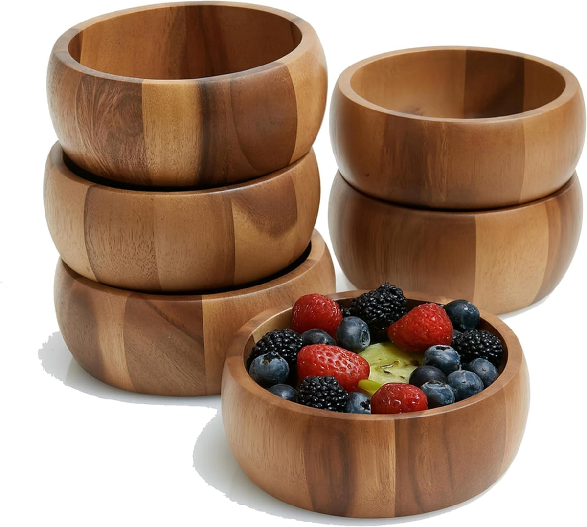 Woodard & Charles Set of 6 Acacia Wood Large Individual Salad Bowls, Snack Serving Bowls, 6 1/2" x 2 1/2"