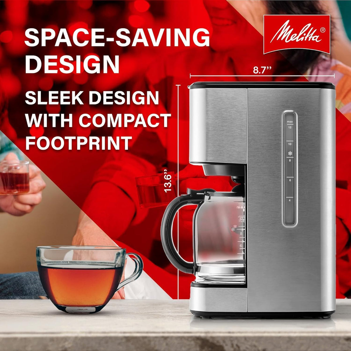 Melitta Aroma Series Programmable Drip Coffee Makers Parent (Aroma Tocco Plus Black and Stainless Steel 12 Cups) with 5-Pack Coffee Filters