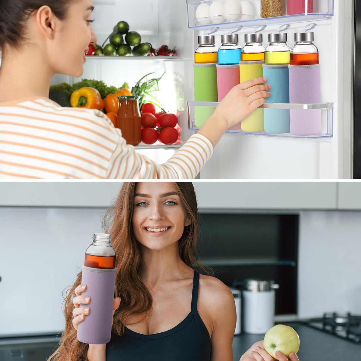 Vesici 12 Set 18 oz Clear Glass Water Bottles, Reusable Glass Juicing Bottles with Protection Sleeve and Stainless Steel Leak Proof Lids for Milk Smoothie Juice Beverage Tea (Colorful,Stylish)