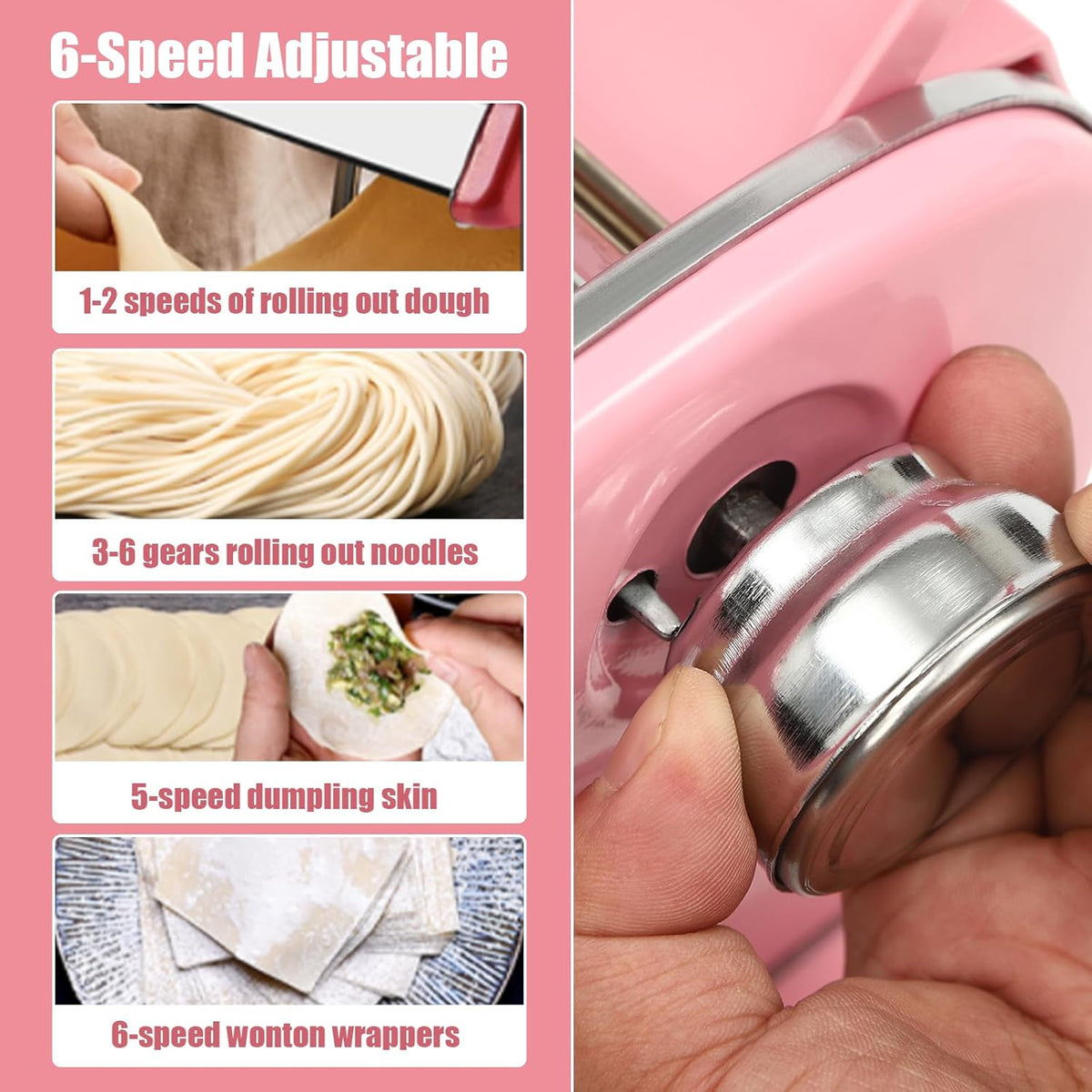 Pasta Maker Machine-6 Adjustable Thickness Settings, Adjustable Clamp, stainless steel Construction for Spaghetti, Fettuccini, Lasagna, Dumpling Skins (Pink pasta maker)