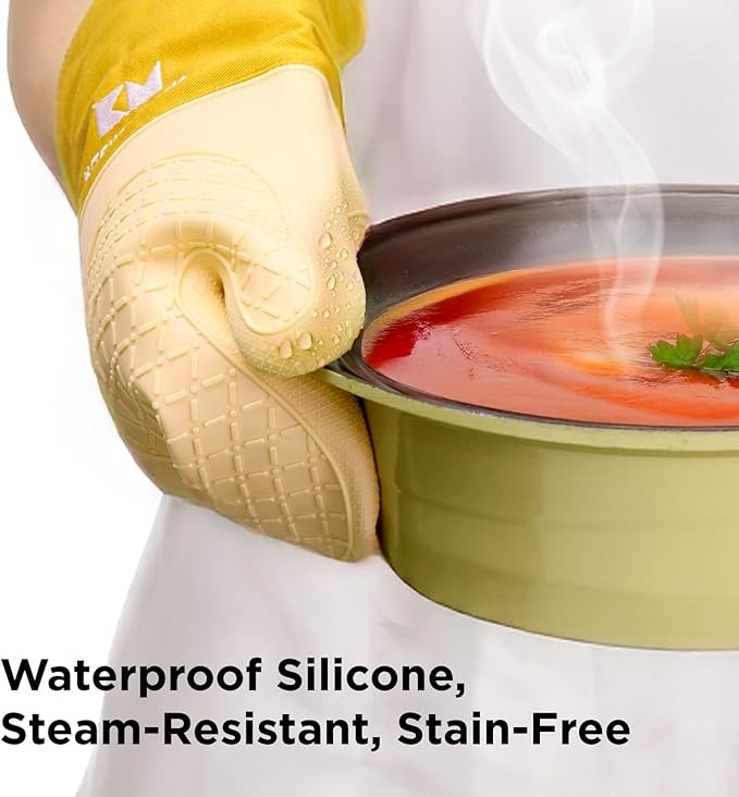 Kitchen Mama UltraShield Silicone Oven Mitts – Heat Resistant, Non-Slip Surface, Durable, Safe, Pot Holders, Flexible Waterproof Glove Set, Perfect for Cooking, Baking, Grilling, BBQ (Yellow)