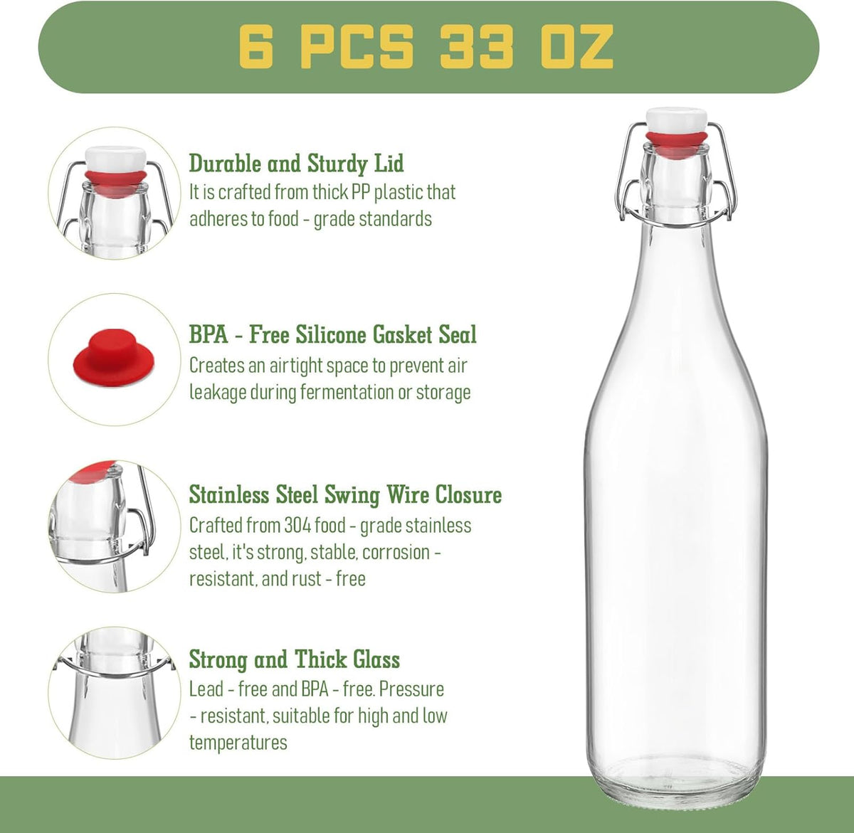 6 Pack [1 Liter / 33 fl. oz.] Swing Top Glass Bottles – Airtight Flip Top Brewing Bottles for Kombucha, Beer, Wine, Kefir, Soda, Liquor – Includes Funnel, 2 Pourers, 6 Seals, 8 Labels & Jute Twine