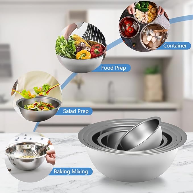 Mixing Bowl Set of 5, Stainless Steel Mixing Bowls, Nesting Whisking Bowl Set for Cooking, Baking, Serving, Food/Salad Prep