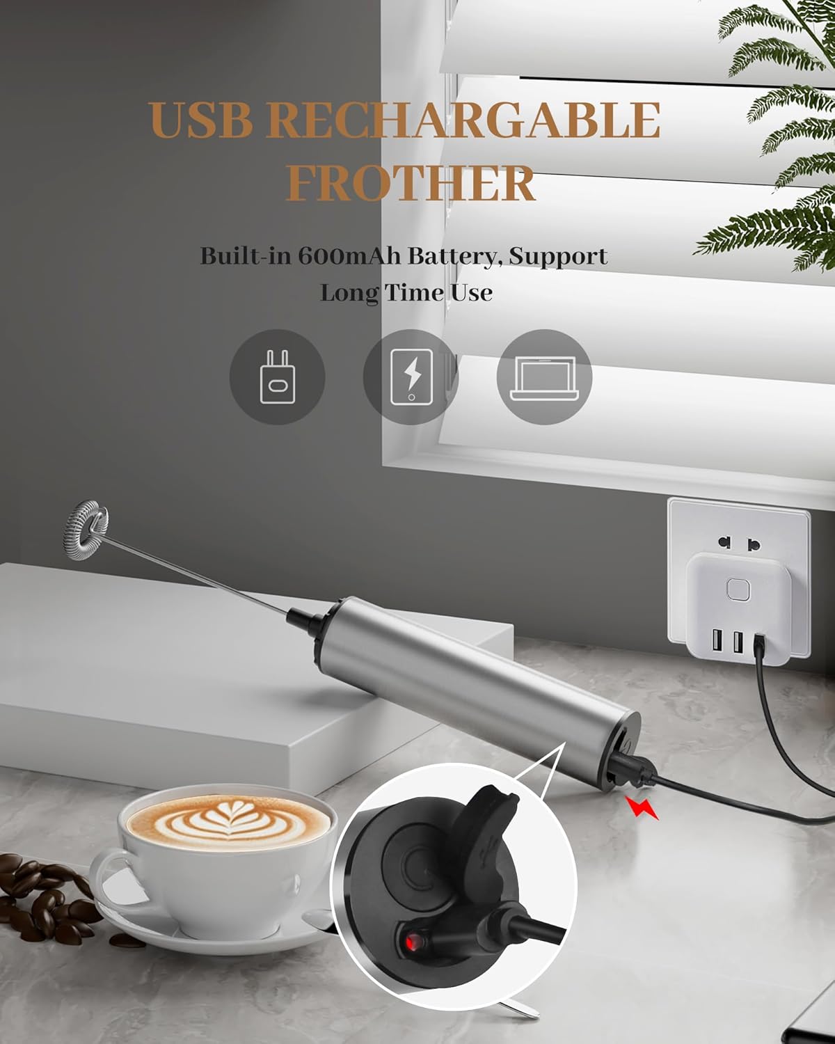Milk Frother Rechargeable with Cover - Coffee Frother Wand, Drink Mixer Handheld with 2 Detachable Stainless Whisks 2 Speed Adjustable for Latte, Cappuccino, Hot Chocolate, Egg, Silver