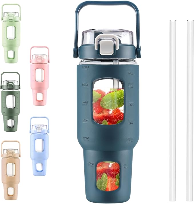 BLUEGO 40 oz Glass Water Bottles with Straw Time Marker, Glass Tumbler with Handle Top Lids, Easy to Clean, Fits in Car Cup Holder, Leakproof Jug for Gym, Sports, Workout & Daily, Dark Blue