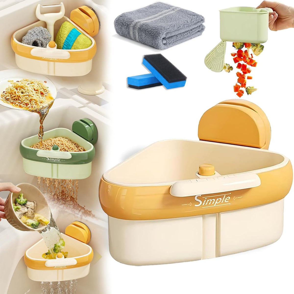 Suction Cup Sink Corner Rack, 2025 Upgraded Self-Cleaning Sink Strainer Basket, Removable Food Waste Catcher with Drain Hole, Say Goodbye to Gross Food Scraps and Smelly Sinks (Yellow)