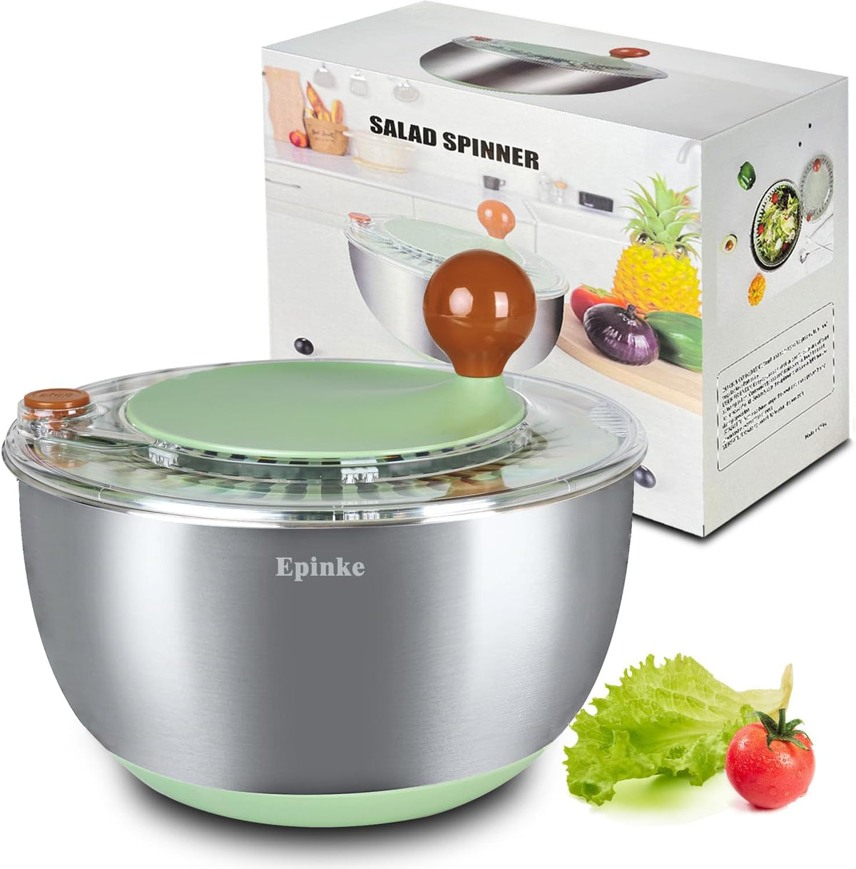 5.3Qt Stainless Steel Salad Spinner with Stop Button, Vegetable Dryer Spinner, Salad Spinner Stainless Steel with Drain, Non-Slip Base, Dishwasher Safe