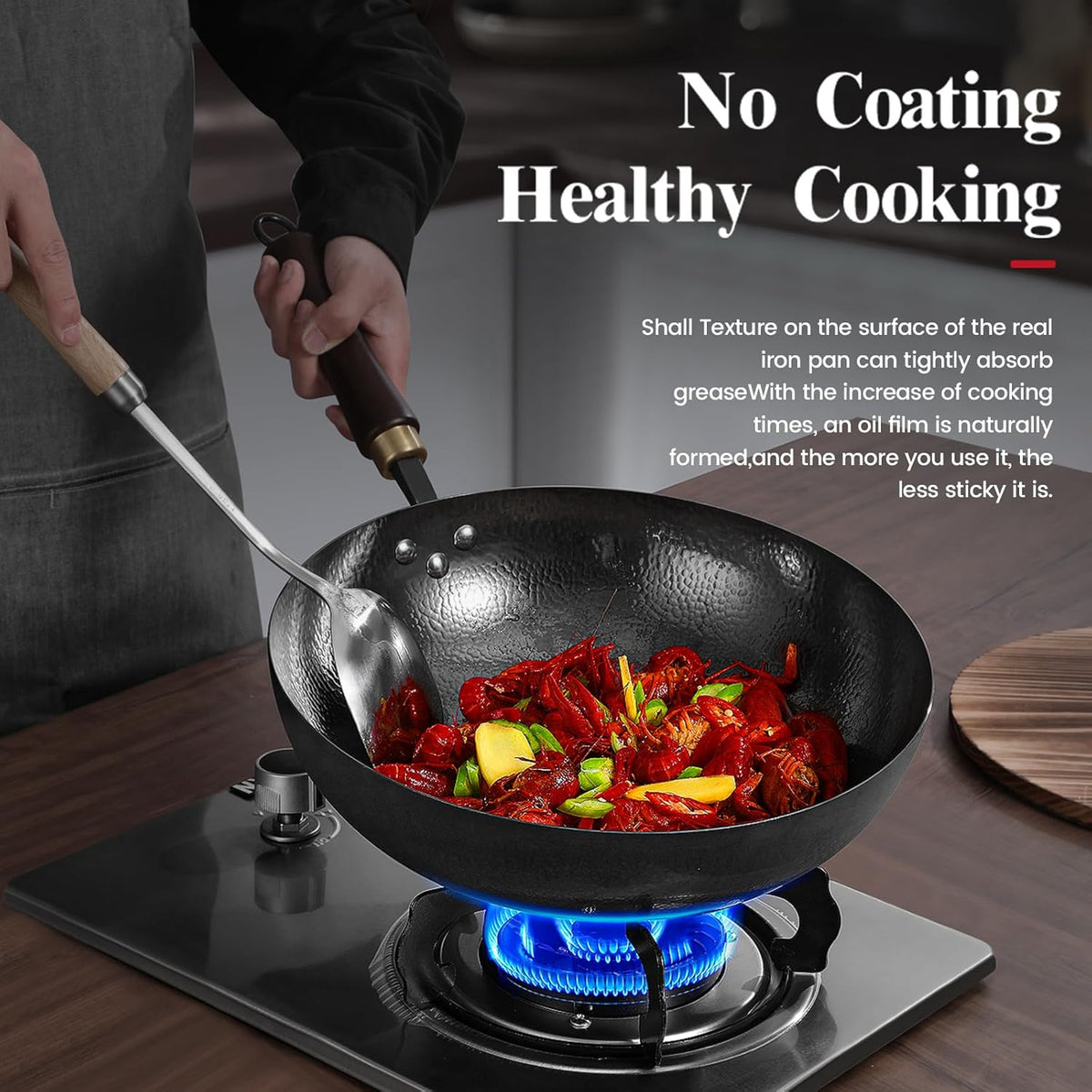 Carbon Steel Pan, 12.5″ Woks & Stir-Fry Pans with Wooden Lid Cookwares, Nonstick Wok, No Chemical Coated Flat Bottom Hand Hammered Chinese Wok For Gas