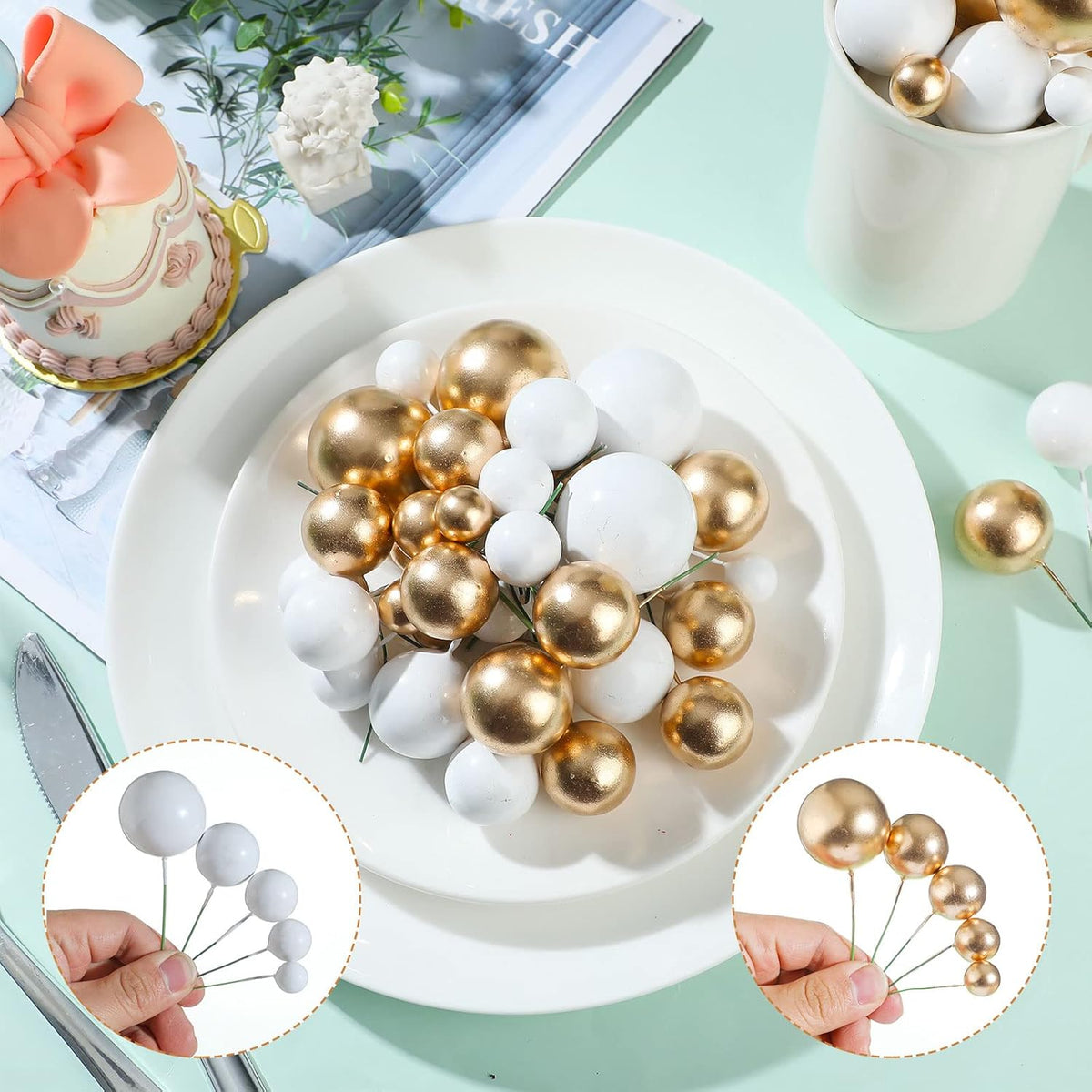 108 Pcs Balls Cake Topper DIY Cupcake Insert Foam Balloons for Cake Baking Wedding Anniversary Birthday Decoration(White, Gold,Multi Sizes)