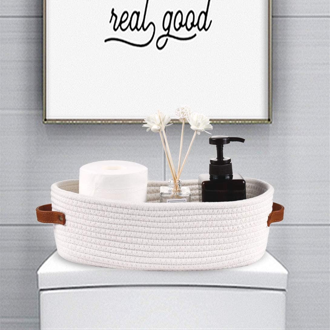 Woven Storage Basket for Toilet Tank Top,Farmhouse Home Decor Organizing Baskets for Bathroom,Table and Counter 13"x5.9"x4" White